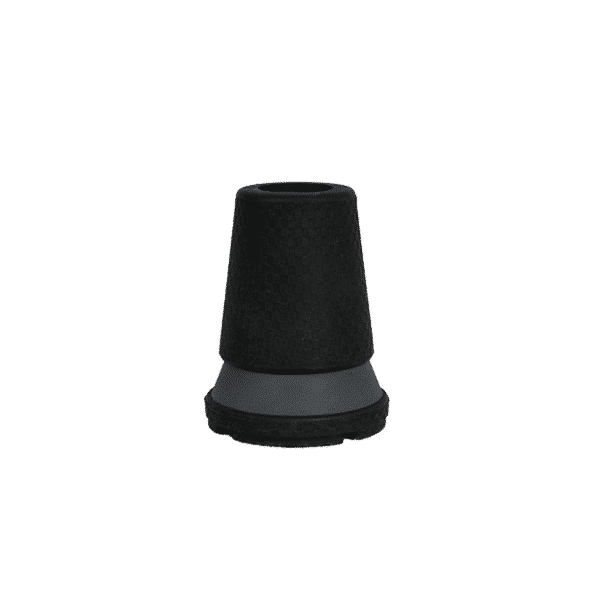 Black foam microphone windscreen with a gray base viewed from the side.