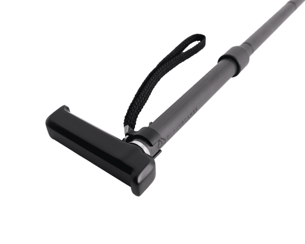 Telescoping cleaning wand with a black rectangular head and a wrist strap attached near the head.