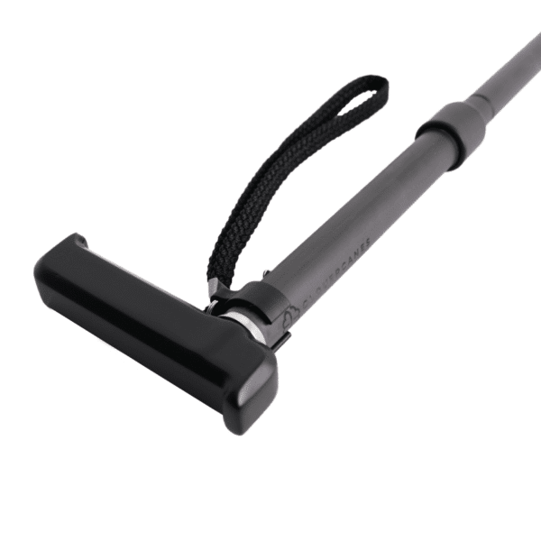 Telescoping cleaning wand with a black rectangular head and a wrist strap attached near the head.