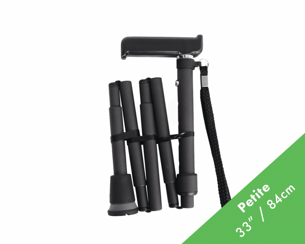 Compact foldable mini tripod with four adjustable legs and a wrist strap, shown in a collapsed state for portable use.