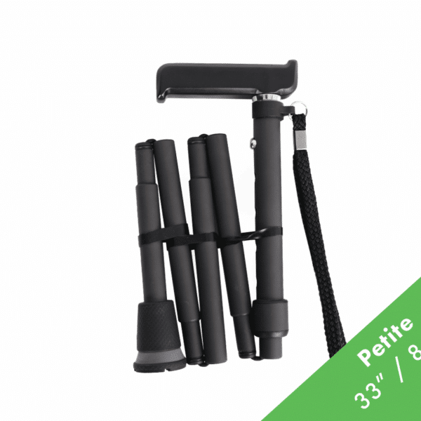 Compact foldable mini tripod with four adjustable legs and a wrist strap, shown in a collapsed state for portable use.