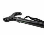 Ergonomic black J-shaped walking cane with wrist strap and CloverCanes branding