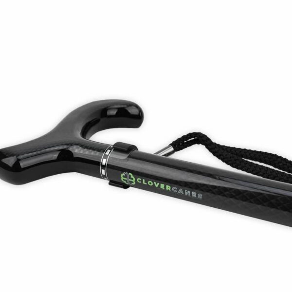 Ergonomic black J-shaped walking cane with wrist strap and CloverCanes branding