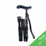 Foldable walking cane with a curved blue handle and floral-patterned shafts, held together by a black strap; label reads Petite 3' / 84 cm in the corner