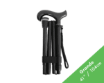 Foldable black trekking poles with carbon-fiber handle, bundled together with a strap, showing their collapsed length and a green corner label reading Grande 41" / 104 cm