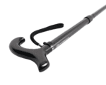 Ergonomic curved carbon-fiber trekking pole handle with a fabric wrist strap.