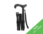 Foldable quadruple-legged mobility cane with carbon fiber handle and wrist strap; compact 84 cm length (petite).