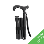 Foldable quadruple-legged mobility cane with carbon fiber handle and wrist strap; compact 84 cm length (petite).