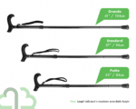 Three adjustable trekking poles shown to compare lengths: Grande 41 in (104 cm), Standard 37 in (94 cm), Petite 33 in (84 cm); note about maximum height.