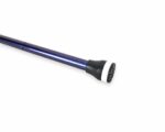 Close-up of a purple metallic trekking pole with a textured black grip and a round end tip with a white ring against a white background.