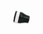 Close-up of a black textured rubber shoe sole with a white midsole band on a white background.