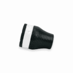 Close-up of a black textured rubber shoe sole with a white midsole band on a white background.