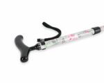 Decorative gray walking cane with a black T-shaped handle, floral pattern, and wrist strap for mobility support.