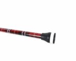 Red and black plaid trekking pole or cane with a black ergonomic handle on a white background.