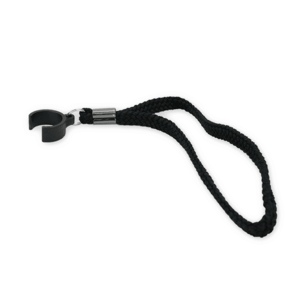 Black braided lanyard with a metal clasp and small plastic clip for attaching keys or an ID badge.